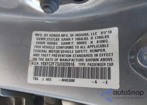 2018 Honda Civic Ex из США, поврежденный, VIN 19XFC2F73JE020916